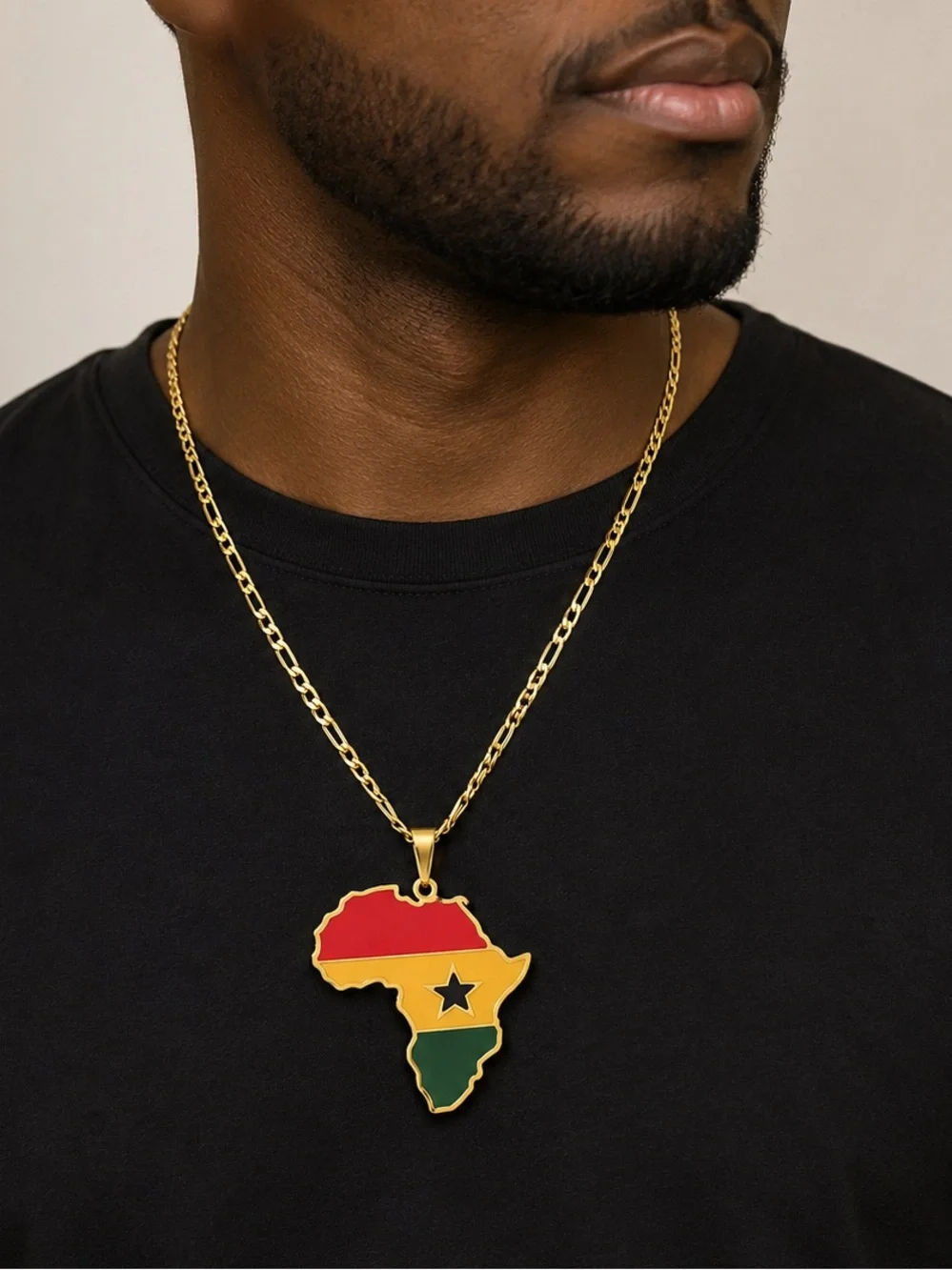 Gold Africa Map Pendant Necklace with Red, Yellow & Green Inlay